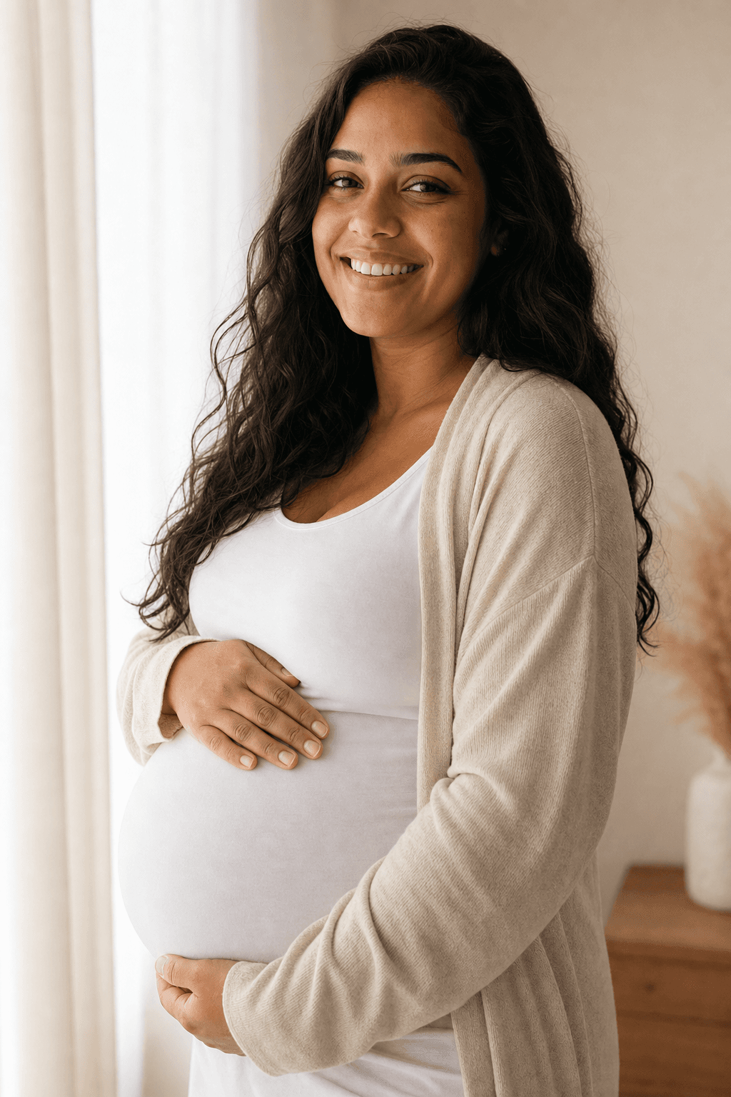 Gestante sorrindo, no terceiro trimestre, com as mãos sobre a barriga